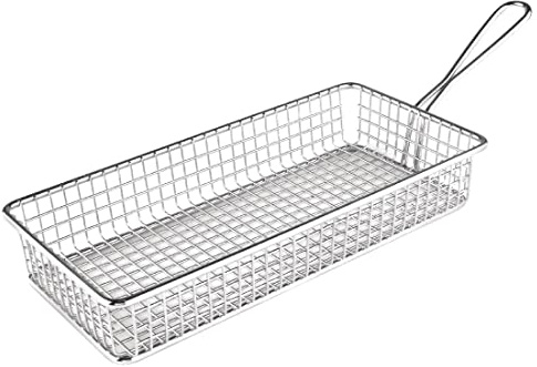 Olympia Stainless Steel Rectangular Presentation Basket, Dishwasher Safe | Deep rectangular design and long handle allow easy, secure carrying for efficient table service and food presentation.