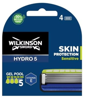 Wilkinson Sword Hydro 5 Sensitive - Recambio de Cuchillas de Afeitar de 5 Hojas para Hombres con Piel Sensible, Banda Lubricante Extra Hidratante, 4 Unidades
