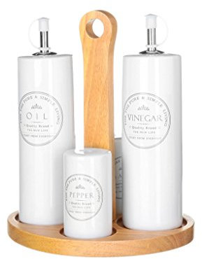 Aceitera vinagrera junto salero y pimentero blanca de cerámica para cocina