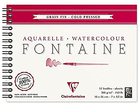 Clairefontaine 96313C Malblock, mit Doppelspirale Aquarellpapier Feinkörnig, Fontaine/Hadern, 18 x 24 cm, 12 Blatt, 300 g Packung, weiß