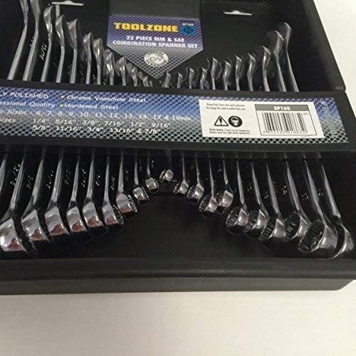 Professional Quality 22 Piece Fully Polished Chrome Vanadium Metric / Imperial (SAE) Combination Spanner Wrench Tool Set in Tray