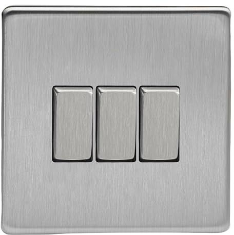 Varilight Triple Rocker Light Switch 2-Way - Screwless Brushed Steel With Brushed Steel Rockers, XDS3S