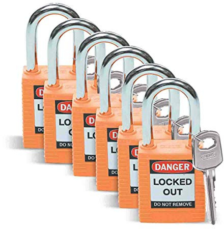 Nylon-Sicherheitsvorhängeschloss, 38,50mm x 86,50mm x 19,50mm, Orange, 6er-Pack