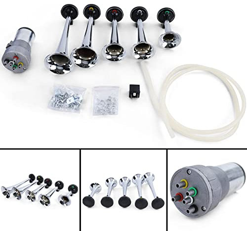 Tenzo-R 5 Klang Fanfare Hupe La Cucaracha Melodie mit Kompressor Chrom 118dB 12 Volt Universell für Fahrzeuge
