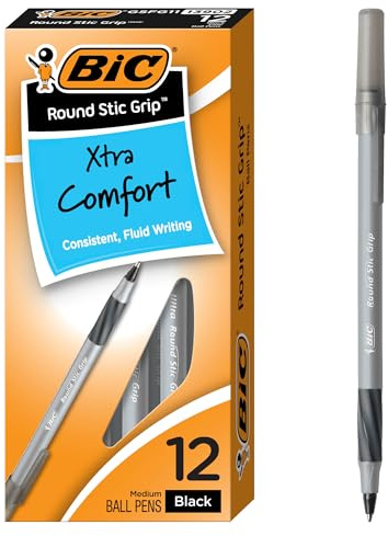 BIC Products - BIC - Ultra Round Stic Grip Ballpoint Stick Pen, Black Ink, Medium, Dozen - Sold As 1 Dozen - Feather-light, ultra-smooth ballpoint pen. - Features BIC's exclusive ink system technology, Easy Glide Feel the Smoothness.TM - Contoured rubber grip. - Frosted, translucent barrel. - Long-lasting: more than 4,300 feet of writing in each pen. | Medium Point 1.2mm Tip Size | Soft Grip Design for Enhanced Comfort | Smooth Ink Flow for Effortless Writing