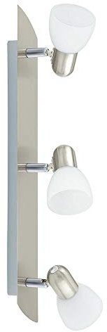 EGLO Deckenlampe Enea, 3 flammige Deckenleuchte, Deckenstrahler aus Metall in Nickel-Matt, satiniertes Glas in Weiß, Wohnzimmerlampe, Spots mit E14 Fassung, L 50 cm