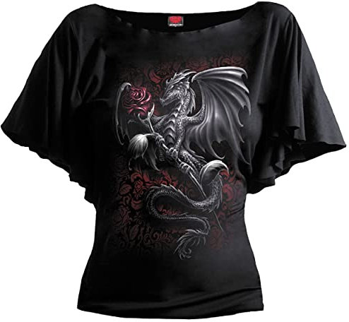 Spiral Direct Dragon Rose-Boat Neck Bat Sleeve Top T-Shirt, Nero (Black 001), 40 (Taglia Produttore: Small) Donna