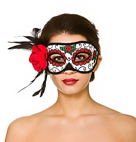Deluxe Day Of The Dead Adult Halloween Masquerade Glitter Eyemask With Flower Fancy Dress Accessory