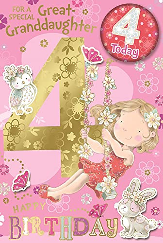Great Granddaughter 4th Birthday Card & Badge - 4 Today Girl on Swing 9x6