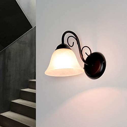 Licht-Erlebnisse Aplique casa de campo, aplique antiguo, con brazo, cocina, dormitorio, salón, negro, metal, cristal, bajo deslumbramiento, H:18 cm, E14, aplique rústico
