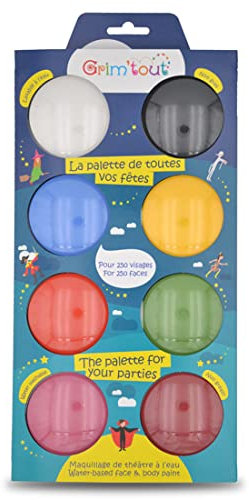 GRIM'TOUT - Palette Maquillage Jumbo Enfant - pour Carnaval, Kermesse, Halloween, Anniversaire, Festival - Lavable à l'eau - Comprend : 1 Pinceau et 8 Galets 15 ML de Coloris Assortis