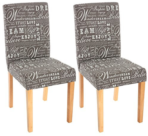 Mendler 2er-Set Esszimmerstuhl Stuhl Küchenstuhl Littau - Textil mit Schriftzug, grau, helle Beine