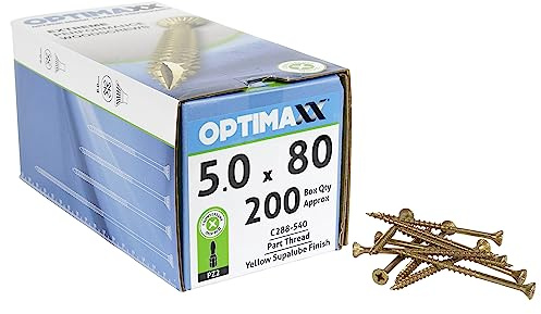 OPTIMAXX C288-540 Woodscrews - 5.0 x 80mm - Box of 200 - Self-Countersinking Head - Double Reinforced Collar - Razor Sharp Point, Silver