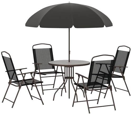 Outsunny - Set Mobili da Giardino in Tubi d'Acciaio 6 pz Set di Tavolo, Sedia e Ombrellone Nero