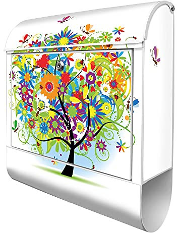 banjado® Design Briefkasten mit Märchenzauberbaum 38,5x46,5x13cm & 2 Schlüssel - Briefkasten Stahl weiß mit Zeitungsfach pulverbeschichtet - Postkasten A4 Einwurf inkl. Montagematerial