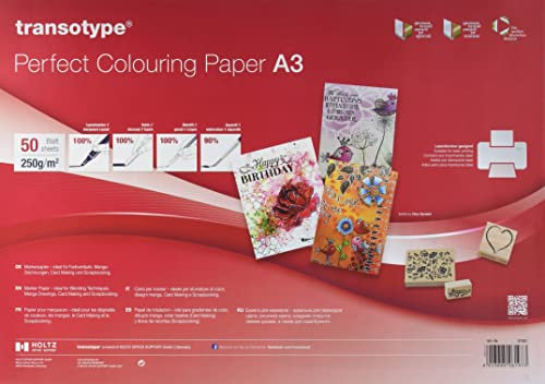 transotype Perfect Colouring Paper, Markerpapier DIN A3, 250 g/qm, 50 Blatt, für Farbverläufe, Manga-Zeichnungen, Card-Making und Scrapbooking, geeignet für Laserdrucker