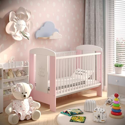 LCP Kids Kinderbett 60x120 cm weiß-rosa mit 3-Fach Höhenverstellbarer Komfort Matratze und 3 Schlupfsprossen