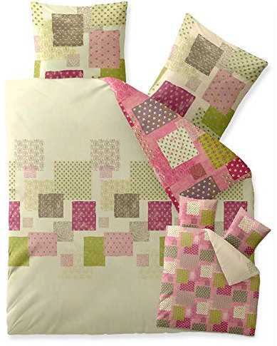 aqua-textil Trend Bettwäsche 200x220 cm 3tlg. Baumwolle Bettbezug Amera Kariert Natur Grün Rosa