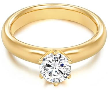 Trilani Damen Ring 925/- Sterling Silber gelbgold | gelbvergoldet 14 Karat, Solitärring, Zirkonia, weiß, Brillantschliff