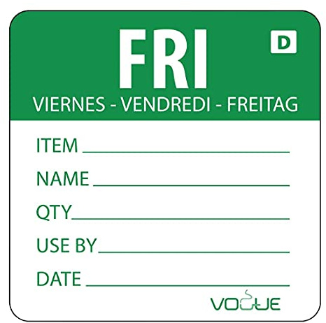 Vogue Green Dissolvable Friday Labels Friday. Roll of 250 | Colour-coded green to streamline food rotation in busy kitchens, washing clean under the tap without leaving residue.