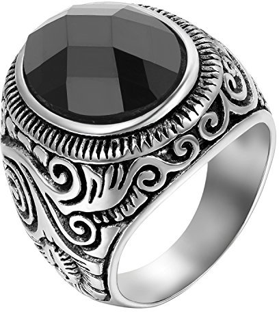 JewelryWe Schmuck Herren-Ring, Klassiker Retro Charm Schnitzerei, Edelstahl Glas, Schwarz Silber - Größe 59