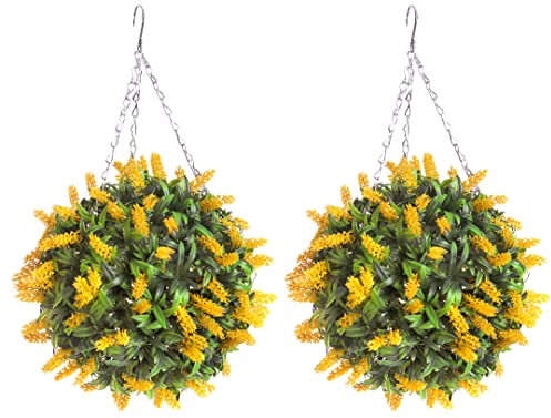 Best Artificial Pair of 28cm Yellow Lavender Flower Balls Lush Long Leaf Topiary Grass **UV Fade Protected**