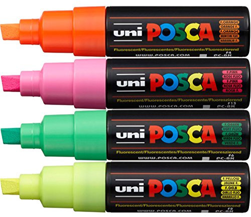 POSCA - PC-8K Lot de 4 marqueurs fluorescents à pointe biseautée large