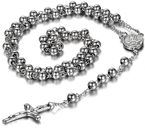 JewelryWe Schmuck Herren Edelstahl Halskette, Rosenkranz Jesus Christus Kruzifix Kreuz Kugelkette Kette, Silber 6mm Breit 75.5cm