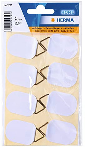 HERMA 5753 Bildaufhänger zum Kleben weiß klein, 8 Stück, 26 x 35 mm, selbstklebend, Drahtseil Bildaufhängung ohne Bohren für die Wand, starke Papier Draht Aufhänger für Bilder Bilderrahmen bis 100 g
