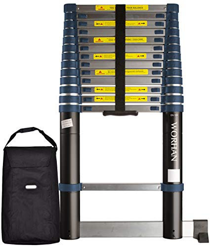 WORHAN 4.1m Teleskopleiter mit EINZIEHBARE STABILISATOREN Integrierte Abstandshalterfunktion Aluleiter Alu Teleskop Leiter Multifunktions Leiter 410cm 1K4.1+Bag