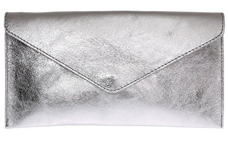 Girly Handbags Womens Italian Suede Leather Envelope Clutch Bag Metallic Silver