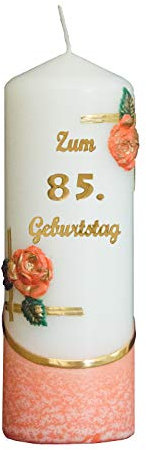 Meissner-Handel Auswahl * Jubiläumskerze/Geburtstagskerze ''Zum 85. Geburtstag'' * orange * mit farbigen Wachsauflagen * (Motiv 003) Auswahl Motiv + Farbe