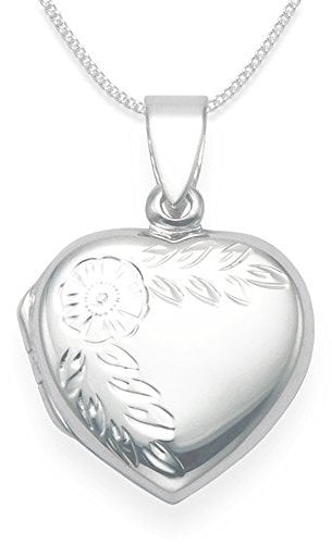 925 Sterling Silver Heart Locket Necklace with flower engraving on 16 curb chain 3gms - SIZE: 17mm x 17mm. Gift boxed 8021