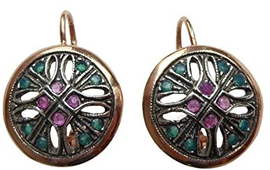 Vintage-Ohrringe kleine Smaragde Rubine Sterling-Silber vergoldet Rot-Vergoldung 18 Karat Brisur Jugendstil festlich elegant Geschenk Handarbeit Italien