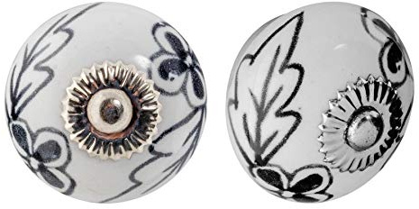 Nicola Spring Ceramic Cupboard Drawer Handle Knobs - Floral Design - Black/White Flower - Pack of 12