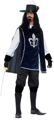 Smiffys Männlicher Musketeer Kostüm, Dunkelblau, mit Top und Hut, Handschuhe, Stiefelüberzieher, Bart und Schnauzer