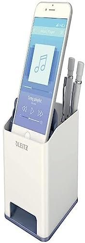 Leitz Sound Stifteköcher mit Soundverstärkungsfunktion, Stiftehalter inkl. Smartphone Fach mit Soundverstärkungsfunktion, White/grau, Duo Colour, WOW, 53630095