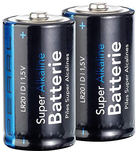 PEARL Monozellen Batterien: 2er-Set Super Alkaline Batterien Typ Mono D, 1,5 V (Monozelle 1 5 Volt, Batterie 1 5 v Monozelle Größe d, Taschenlampen)