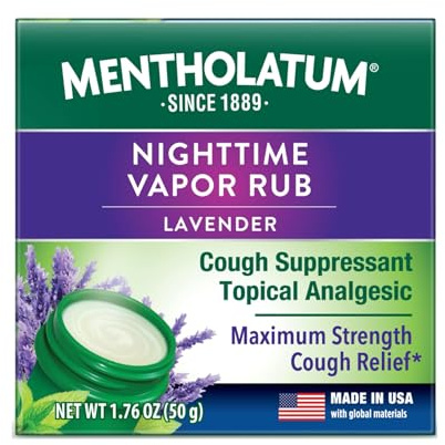Mentholatum Nighttime Vaporizing Rub, Lavender Scent, Maximum Strength Cough Suppressant, Topical Chest Rub & Analgesic Ointment, Soothing Vapors Relieve Aches & Pains Due to Cold & Cough, 1.76 oz