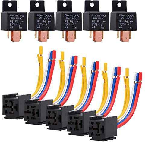 EHDIS 5 Piezas Relé de Coche 5 Pin 80A 12V con Arnés de Enchufes, On/Off Normalmente Abierto SPDT Enchufe de Enchufe 5 Cables Automotriz