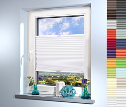 Sun World Plissee nach Maß, deutsche Wertarbeit, hochqualitative Wertarbeit, für Fenster und Türen, alle Größen, Maßanfertigung, Jalousie, Faltrollo (Farbe: Weiss, Höhe: 111-120cm, Breite: 61-70cm)