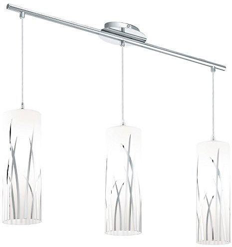 EGLO Pendelleuchte Rivato, 3 flammige Hängelampe, Elegant, Hängeleuchte aus Stahl und Glas mit Dekor in Chrom, Weiß, Esstischlampe, Wohnzimmerlampe hängend mit E27 Fassung