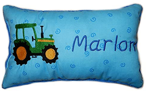 Momelie Blaues Schmusekissen * Kuschelkissen * grüner Traktor * mit Namen Bestickt * 17 x 29 cm * SK-bl_0073