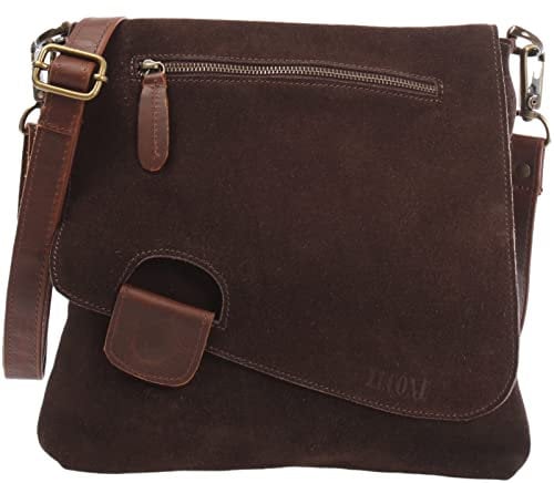 LECONI Umhängetasche für Damen Crossbag Veloursleder Echtleder Natur Damentasche Schultertasche Ledertasche Freizeittasche für Frauen Wildleder Handtasche 29x29x6cm dunkelbraun LE3027-VL