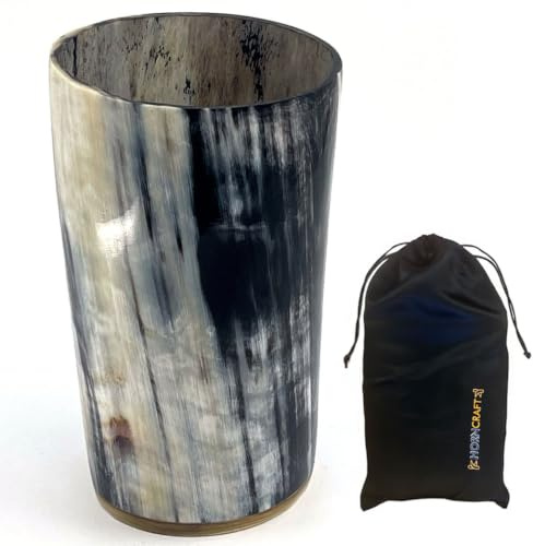HORNCRAFT Viking Drinking Horn Cup with Horn Base, 5-6 Inch, Holds 300-350ml, Authentic Handmade Ox Horn Beaker Cup with Polished Finish, Viking Drinking Mug for Ale, Mead & Beer, Unique Viking Gift