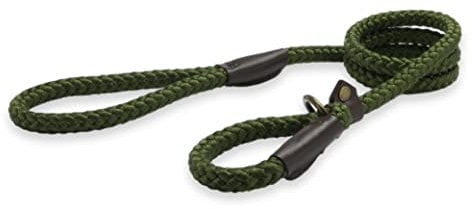 Ancol Heritage Rope Slip Lead Dog Puppy Pet Training Walking Accessory Green Nylon Hand Sewn Leather Ends Weather Proof Strong Durable Lightweight 1.5 m x 12 mm Size 4-8
