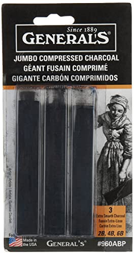General Pencil 136357 Jumbo Komprimierte Kohlestäbchen, Schwarz, 3 Stück