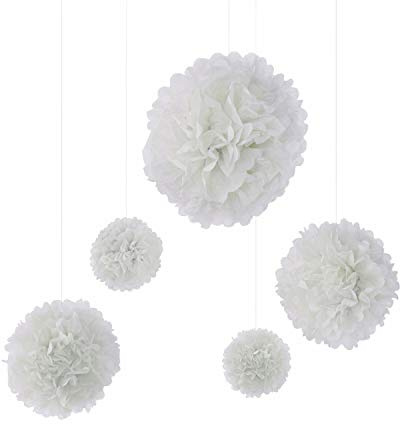 Frau WunderVoll® 5er Set Pompoms, Weiss, 2X Ø20, 2X Ø30, 1x Ø40 cm/Deko Hochzeit, Seidenpapier, Seiden Blumen, Papierblumen, Geburtstagsdeko, Tischdeko, Hochzeitsdeko, Gartenfest, Garten Party