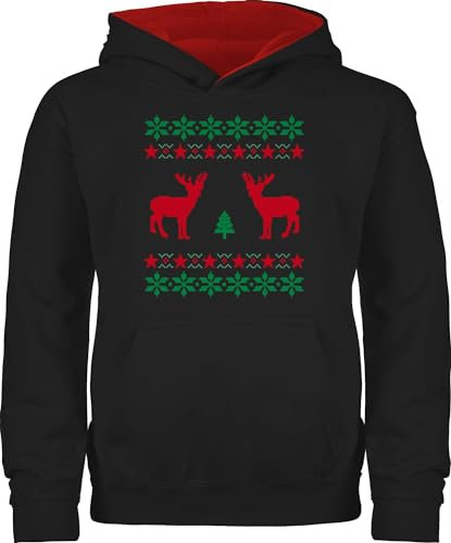 Pullover Kinder Hoodie Jungen Mädchen - Geschenke Christmas - Norweger Pixel Rentier Weihnachten - 104 (3/4 Jahre) - Schwarz/Rot - weihnachtskleinigkeit pullis weihnatspulover weihnachtspulli Xmas