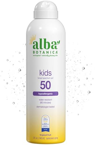 Alba Botanica Kids Sunscreen Spray for Face and Body, Tropical Fruit, Broad Spectrum SPF 50, Water Resistant, 5 fl. oz. Bottle